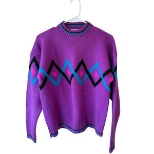 Meister Long Sleeve Geometric Wool Pullover Sweater Purple Women's Size Large